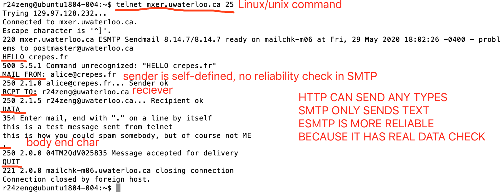 The host name of the client is "crepes.fr", the hostname of the server is "mxer.uwaterloo.ca", mail port is generally "25".