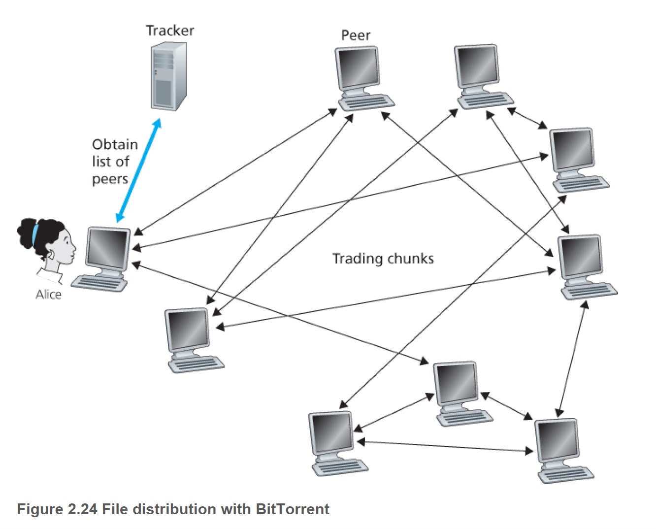 We stand by Alice (one of the peers ) side to simulate BitTorrent Protocol